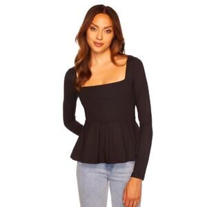 Susana Monaco Black Square Neck Long Sleeve PepLum Top NWT Size Small